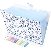 SKYDUE Expanding File Folder with 5 Pockets, Floral Accordion File Organizer for Important Document, Portable Receipt Paper Organizer, School Office Supplies,Blue