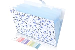 SKYDUE Expanding File Folder with 5 Pockets, Floral Accordion File Organizer for Important Document, Portable Receipt Paper Organizer, School Office Supplies,Blue