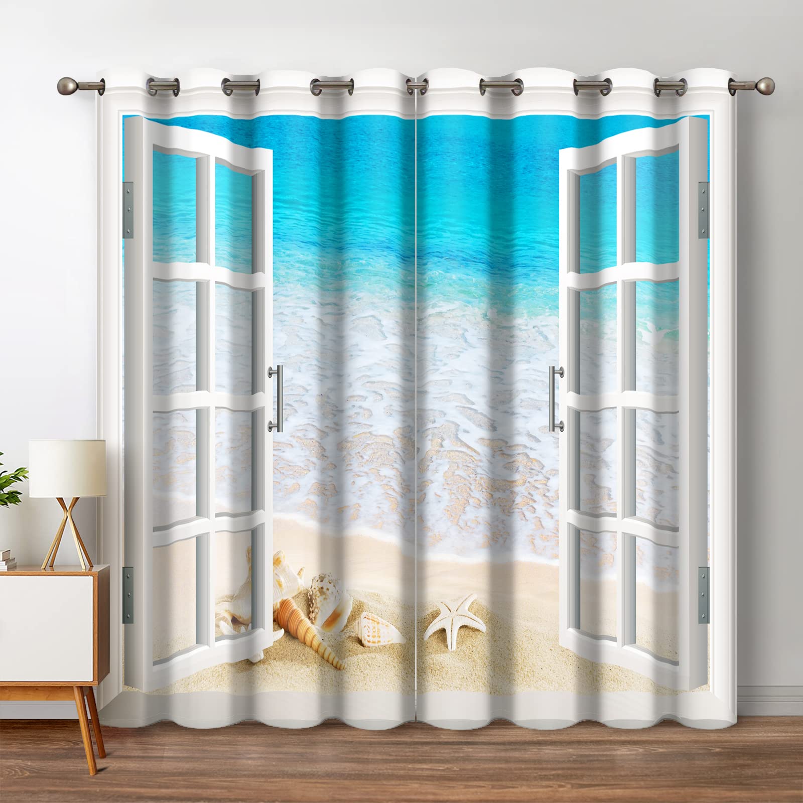 Photo 1 of Jekeno Ocean Beach Blackout Curtains Tropical Scene Sea Waves Shell Starfish Conch View Through White Wooden Window Bedroom Living Room Decor Darkening Grommet Window Drapes 2 Panel Set, 52"x84"