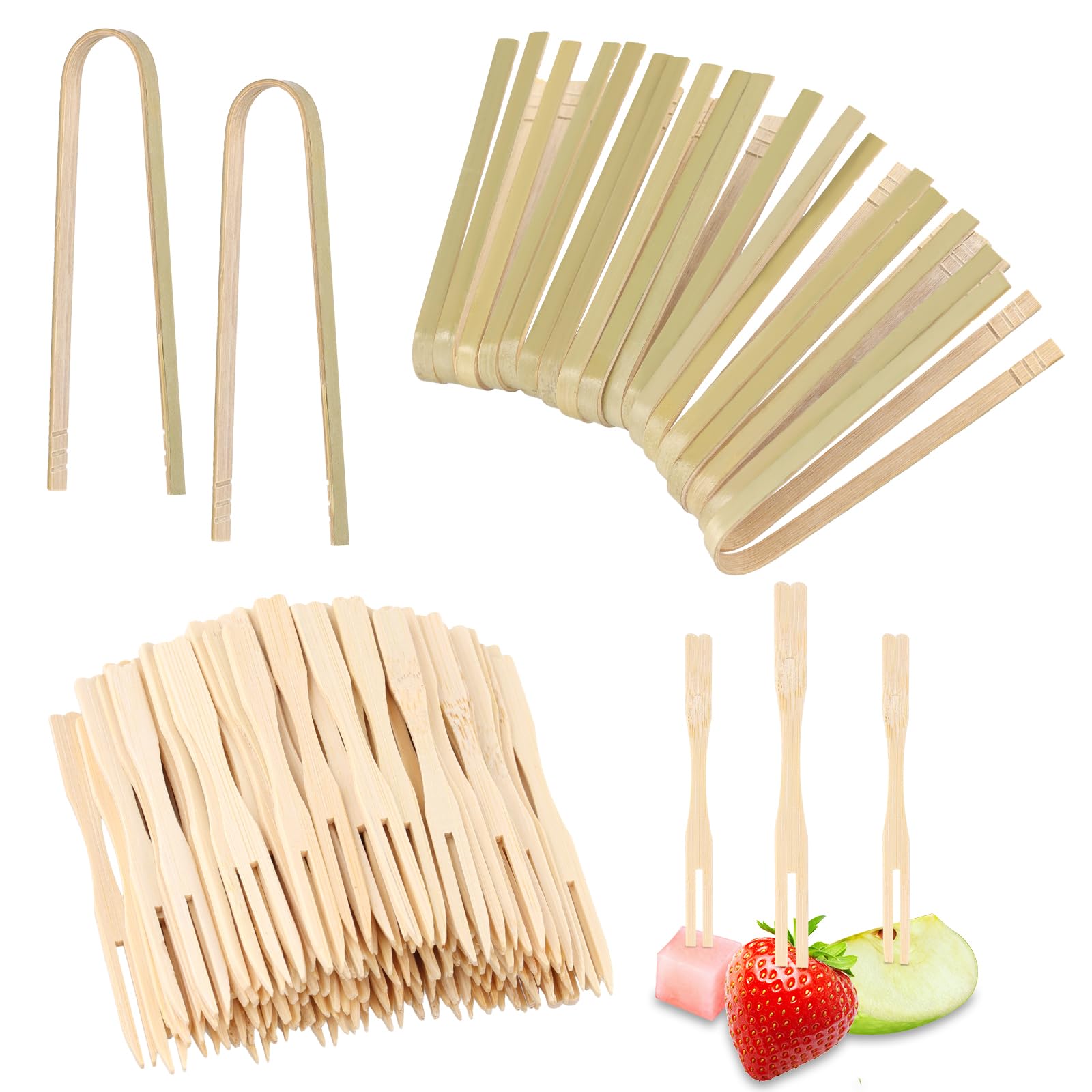 Photo 1 of 20pcs Small Disposable Bamboo Tongs & 200pcs Mini Forks for Appetizers, 4.7in Little Toaster Tongs for Cooking Serving Food Tiny Kitchen Accessories for Charcuterie Boards Cheese Fruits Bread Toast