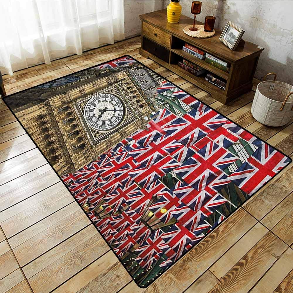 Skid-Resistant Rug,Union Jack,UK Flags Background with Big Ben Festive Celebrations Loyalty,Children Crawling Bedroom Rug,5'3"x7'10" Pale Coffee Navy Blue Red