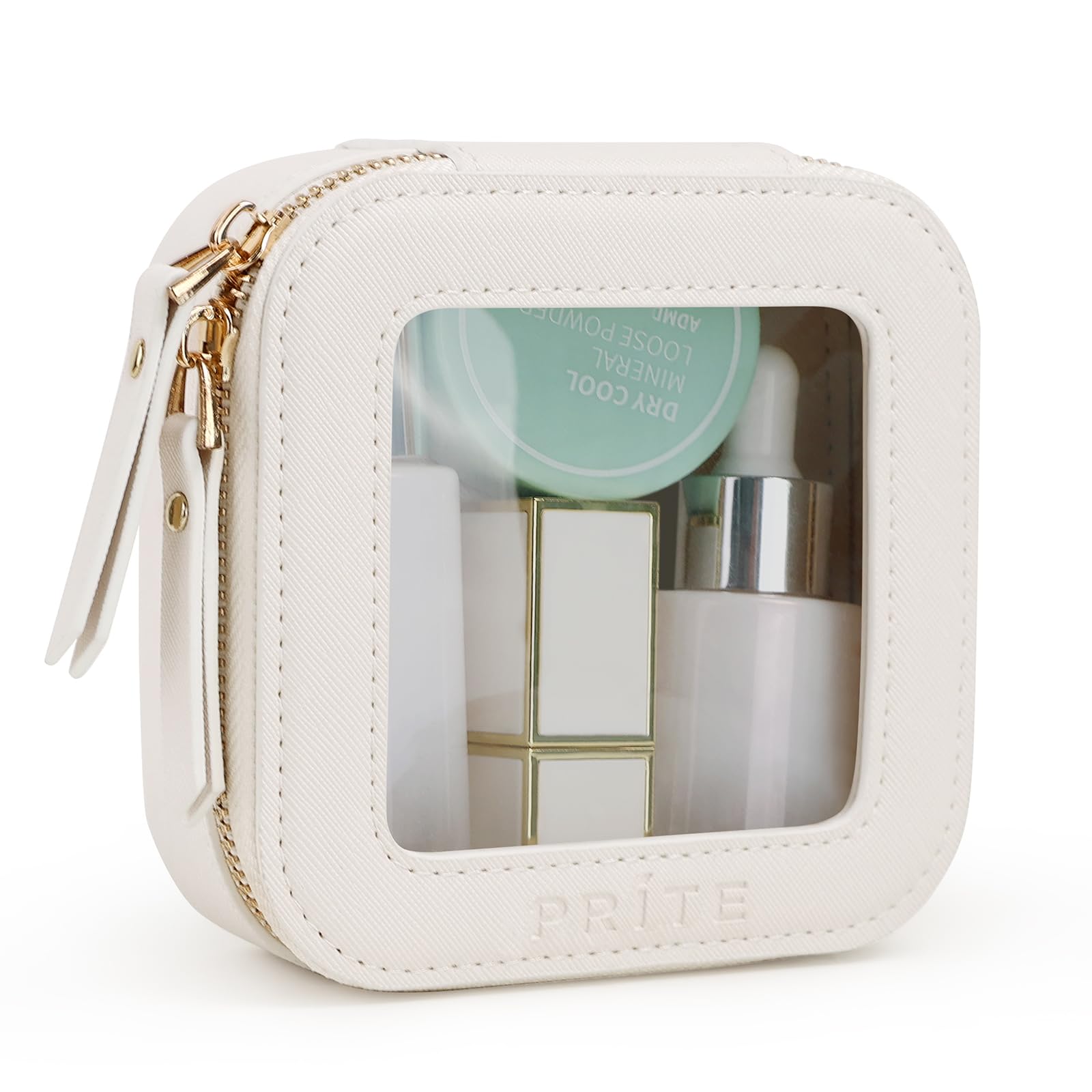 Prite Small Clear Makeup Bag with Gift Box Mini Cosmetic Case Waterproof Travel Toiletry Pouch Car Essentials with Double Zippers (Beige)