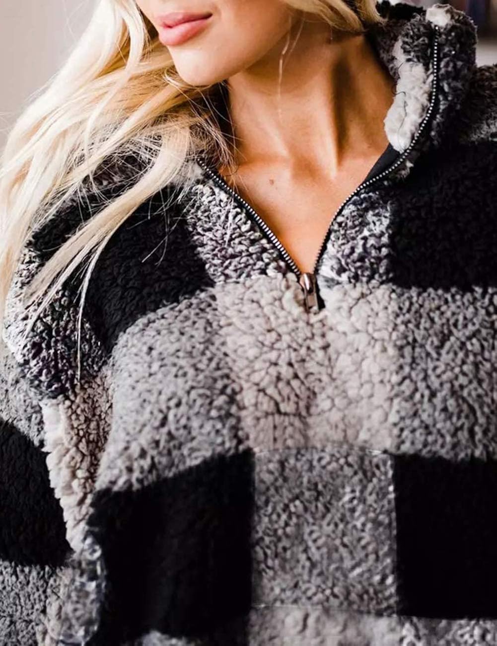 MEROKEETY Women's Plaid Sherpa Fleece Zip Sweatshirt Long Sleeve Pockets Pullover Jacket: Clothing
