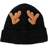 MAGICLULU 1 Pack Reindeer Beanie Antler Warm Cap Christmas Knitted Beanie Hat for Adults Women Adults(Black)