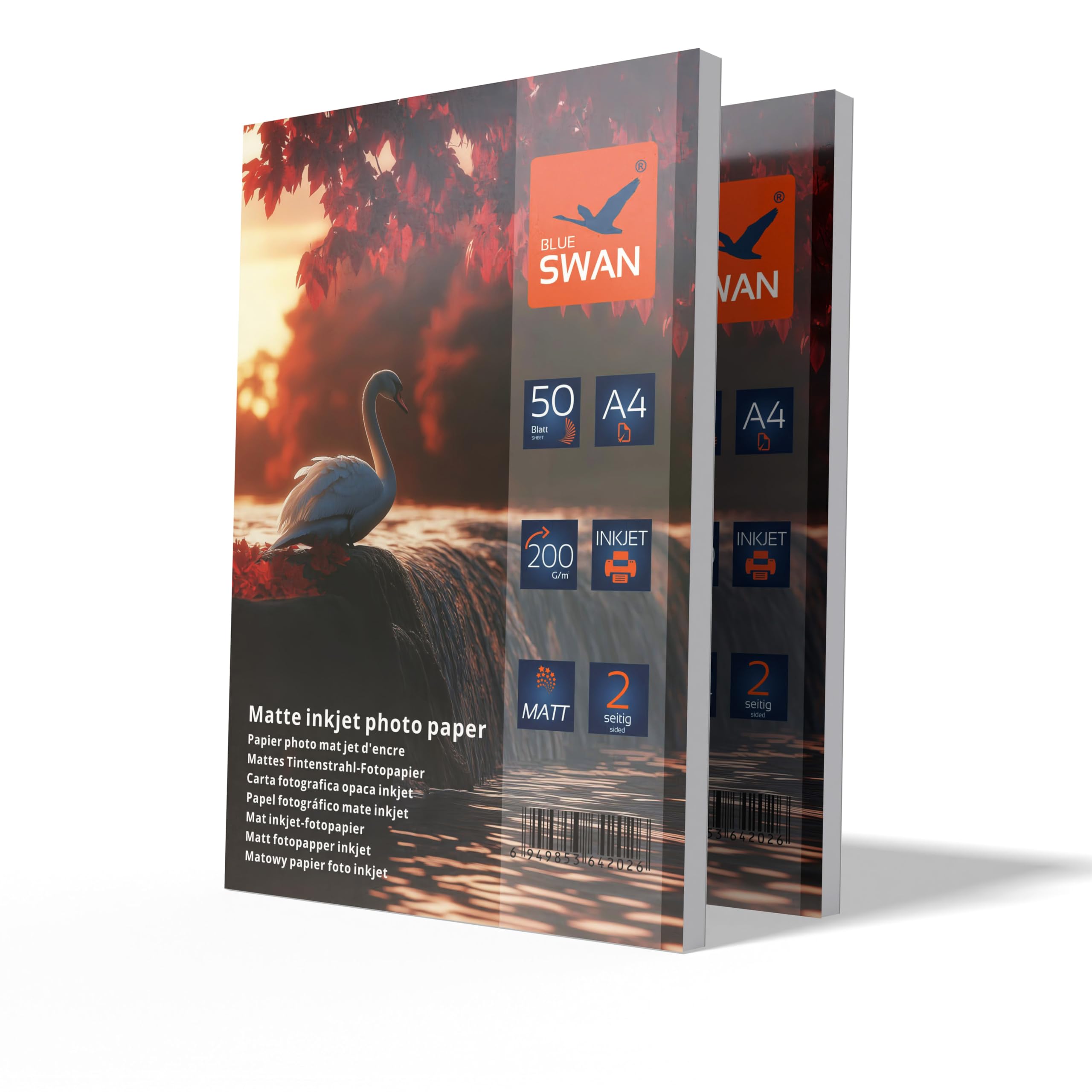 Blue Swan A4 Matte Photo Paper, 200gsm, 100 Sheets (2×50) – Double-Sided Matte Coating, Quick-Dry, High Colour Brilliance, Low Reflection, Compatible with Canon, HP, Epson, Brother