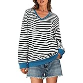 DERAX Womens Oversized Striped Long Sleeve Shirt V Neck Loose Fit Color Block 2026 Spring Pullover Top
