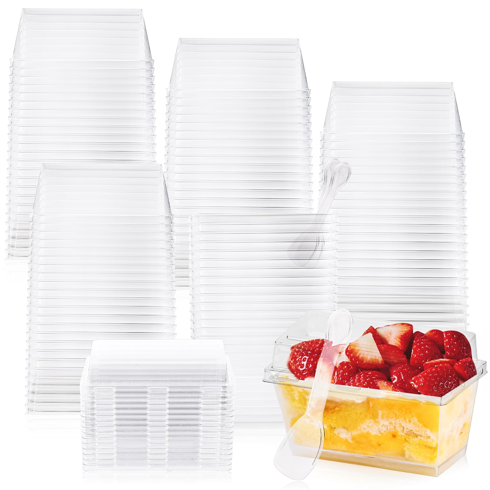 Mispudin 50Pcs Rectangle Dessert Cups with Lids & Spoons, 160ml Mini Rectangle Dessert Pots, Clear Reusable Individual Cheesecake Pots for Parfait Appetizer Pudding Mousse Party