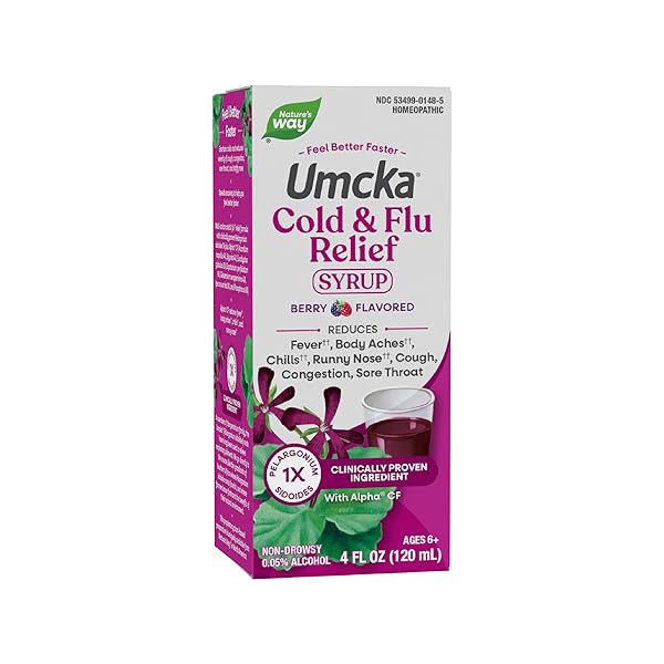 NATURE’S WAY UMCKA COLD AND FLU RELIEF SYRUP, FEVER*, SORE THROAT, COUGH, CONGESTION, BODY ACHES*, HOMEOPATHIC, PHENYLEPHRINE FREE, 0.05% ALCOHOL, BERRY FLAVORED, 4 FL OZ (PACKAGING MAY VARY)
