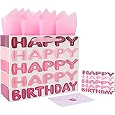 13'' Large Pink Happy Birthday Gift Bag Set with Handles, Greeting Card, Tissue Papers and Stickers for Women Girls Kids Teens, Words Design, 1 Pcs