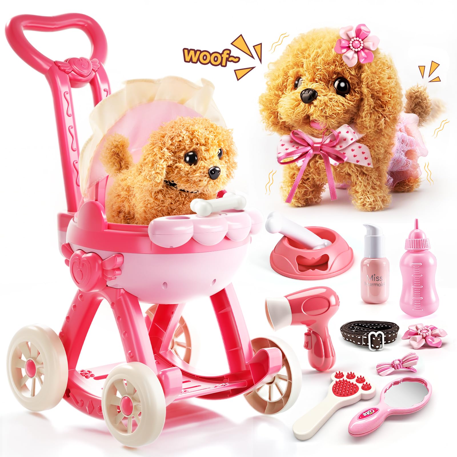 Photo 1 of Jovow 14PCS Dog Toys for Kids Girls,Electronic Pretend Puppy Stroller Playset for Toddler,Walking Barking Dog Toy & Feeding Accessories,Birthday Gift for Girls Boys Age 3 4 5 6 7 8 Year Old.