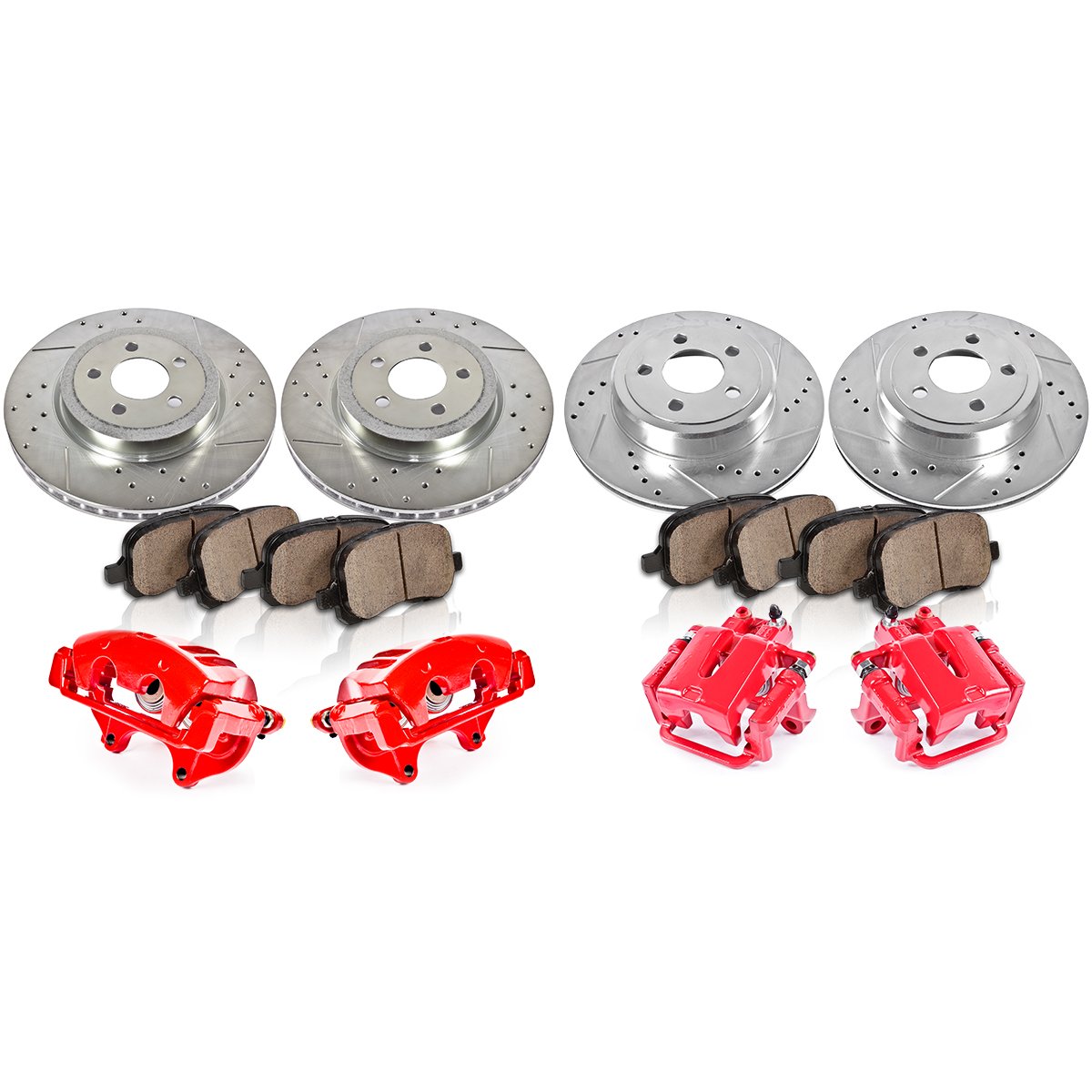8 FRONT 4 Calipers + Quiet Low Dust 4 REAR Powder Coated Red Drilled