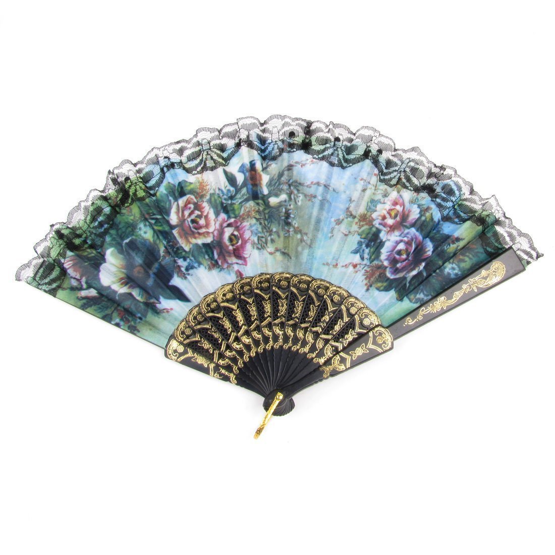 Desi Karigar Summer Floral Pattern Lace Hem Plastic Foldable Hand Fan Multicolor