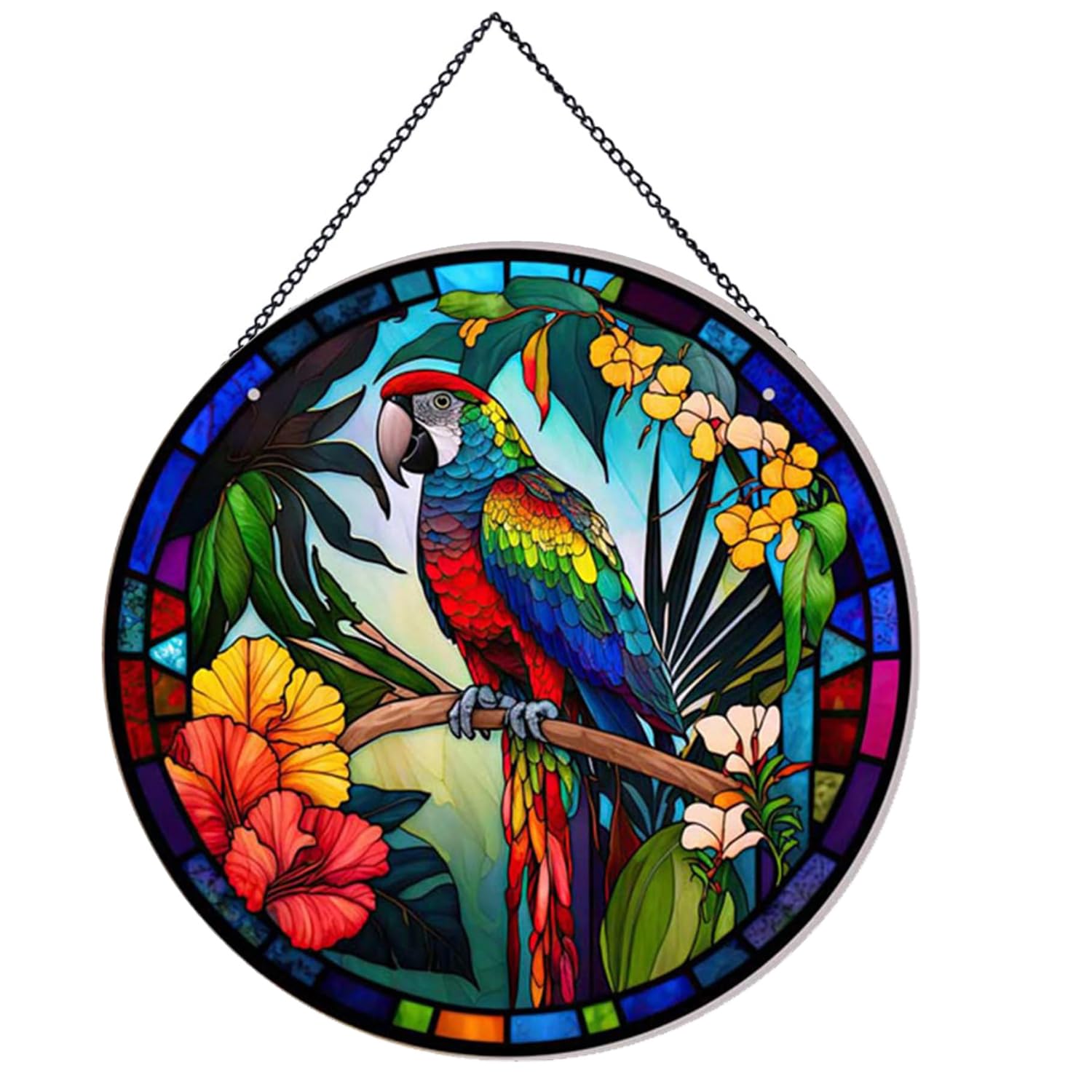 Payutou Parrot and Flower Suncatcher Stained Glass,Hanging Stained Glass Suncatcher for Windows,20cm/7.87inch Hand-Painted Sun Catcher Garden Hangings Halloween Fall Christmas Decor for Home