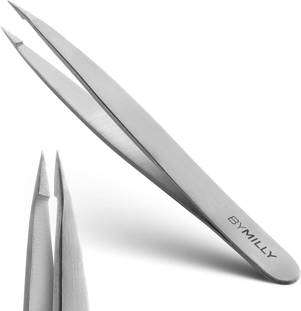 By MILLY Pointed Tweezers | High Carbon Stainless Steel Needle Nose | Fine Point Precision Hair Removal | Perfectly Aligned &