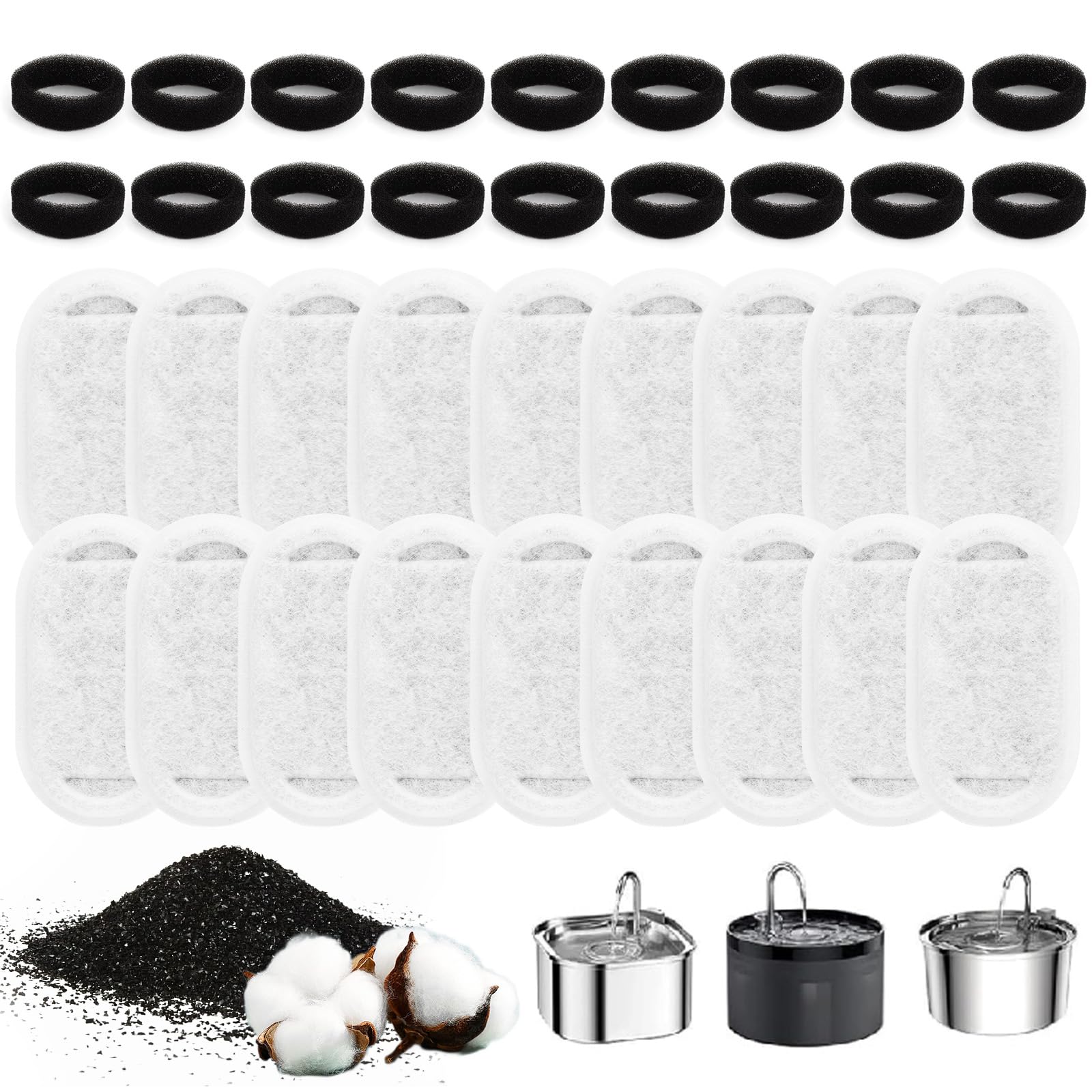 DASHUAIGE 36 Pcs Cat Water Fountain Filters Replacement Cat Fountain Filters 18 Pcs Activated Carbon Filter&18 pcs Foam Filter for 3.2L,2L Cat Water Fountain