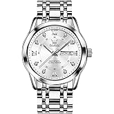 OLEVS Men's Stainless Steel Watch, Large Face Roman Numerals Diamond Accented Three-Hand Analog Quartz Watches for Men, Easy to Read Day Date Waterproof Luminous Mens Wristwatch