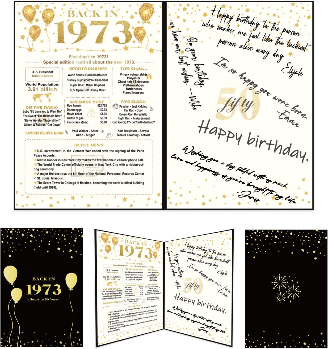 Wall Décor - Crenics 50th Birthday Gift for Men or Women, Creative Vintage Back in 1973 Birthday Poster, Giant 50th Birthday Guest Signature Book for Black and Gold 50th Anniversary Birthday Party Decorations