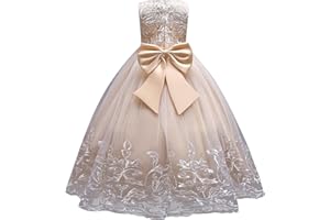 IDOPIP Flower Girl Lace Dress for Kids Wedding Bridesmaid Pageant Party Formal Long Gown Princess Communion Tulle Bow Dresses