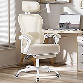 Ergonomic Office Chair with Footrest,Ultra Thick Reclining Desk Chair with Adjustable 2D Lumbar Support and Headrest,Spring Cushion,High Back Premium Mesh Computer Chair,Cream
