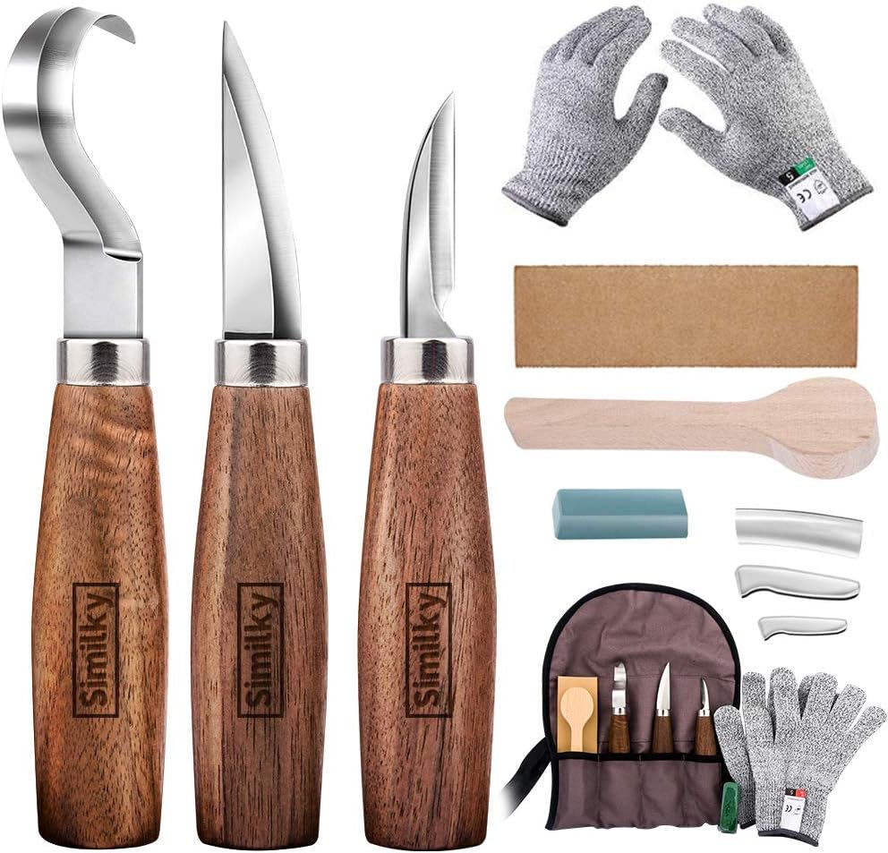 Wood Carving Knife Kits Tools Set for Beginners SIMILKY 5 in 3 Carving Kit - Includes Carving Hook Knife, Whittling Knife, Chip Carving Knife, Knife Sharpener for Spoon Bowl Cup Kuksa-Update Bag