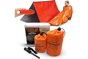 ADVENTURE SUPPLY CO BRANDS Emergency Sleeping Bag & Tent Shelter, Stocking Stuffer! Combo Prepper kit Survival Tent, Bivy Sack Tent, Sleeping Bag, Fire Starter + Whistle, Mylar Thermal Adventure Supply Co.