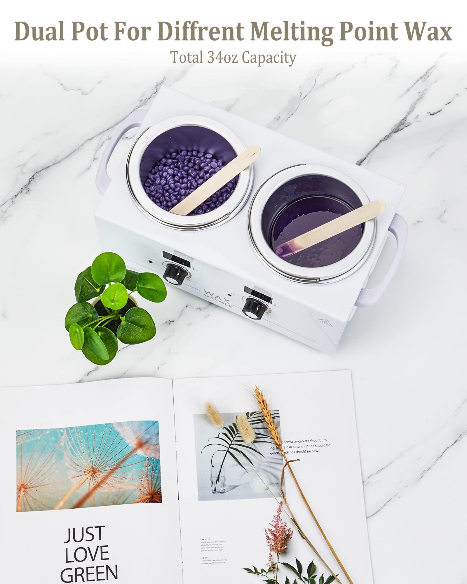 Wax Warmer for Hair Removal, Dual Temperature Control Professional Wax Pot Warmer, Wax Warmer Kit for All Hair Types Including Facial, Legs, Bikini and more- White Double Pot