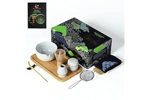 TEANAGOO Japanese Tea Set with Bamboo Tray, Matcha Whisk Set, Matcha Bowl with Pouring Spout, Bamboo Matcha Whisk (chasen), Scoop (chashaku), Matcha Whisk Holder, Tea Powder Can. O3, Lt. Grey,
