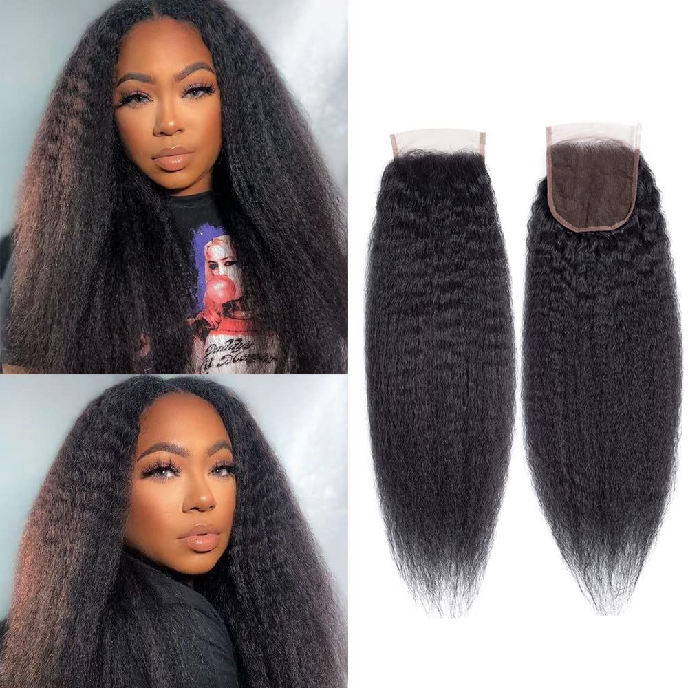 datanala Brazilian Virgin Kinky Straight 4x4 Lace Closure 9A Grade Yaki Straight Human Hair 4x4 HD Lace closure Free Part Natural Black Color (12Inch/NEW, kinky straight closure)