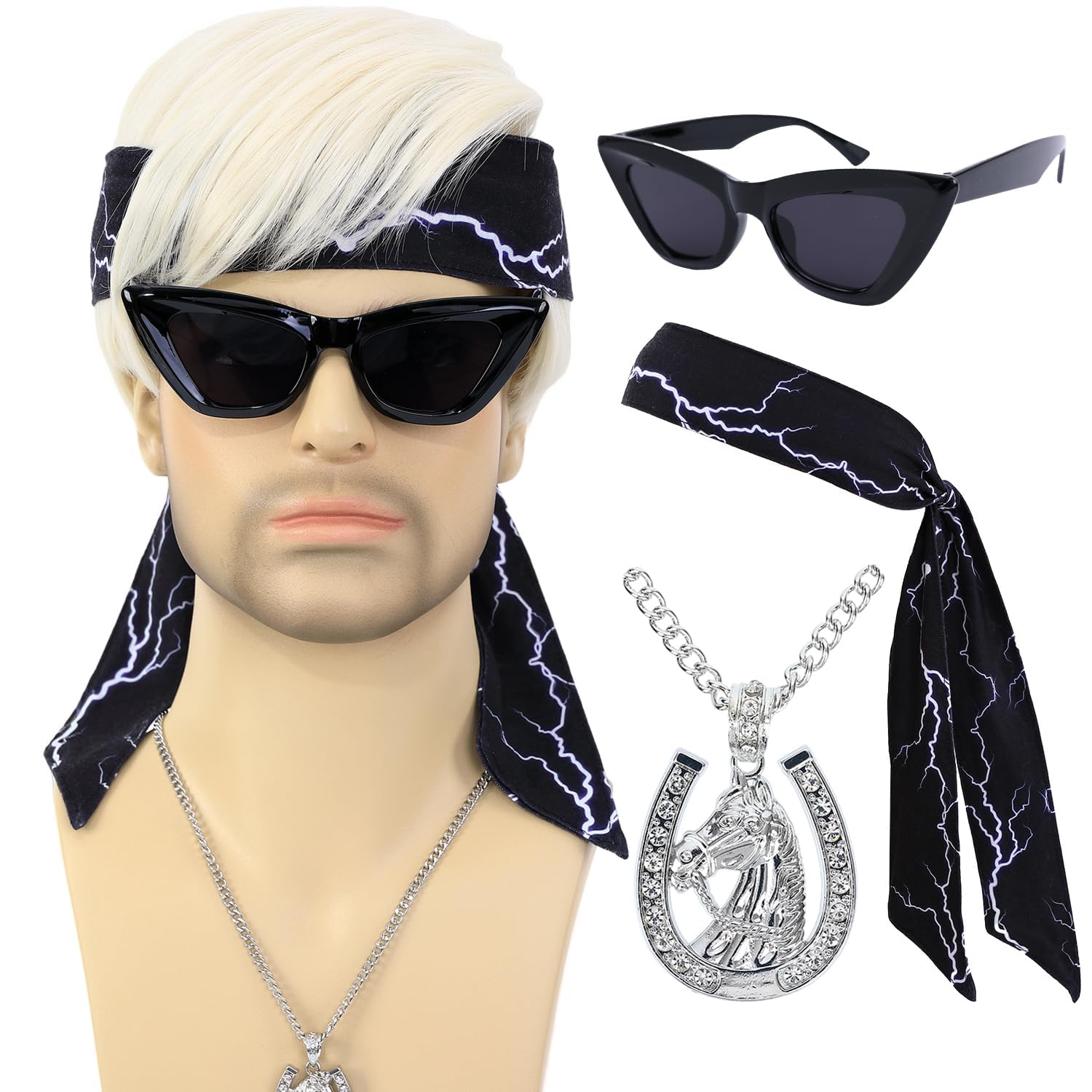 Photo 1 of Bettecos Short Blonde Cosplay Wig for Men with Necklace Headbands and Glasses Men’s Blond Costume Synthetic Hair Wigs for Halloween Party (Wig+Necklace+Headbands+Sunglasses)
