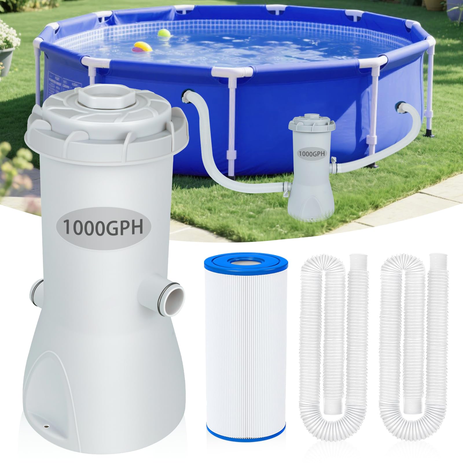 Photo 1 of 1000 GPH Above Ground Pool Pump System with Filter Cartridge for intex Inflatable or Frame Pools, Pool Water Filtration System with Low Noise, Energy-Saving, Debris Removal Enhanced Water Circulation