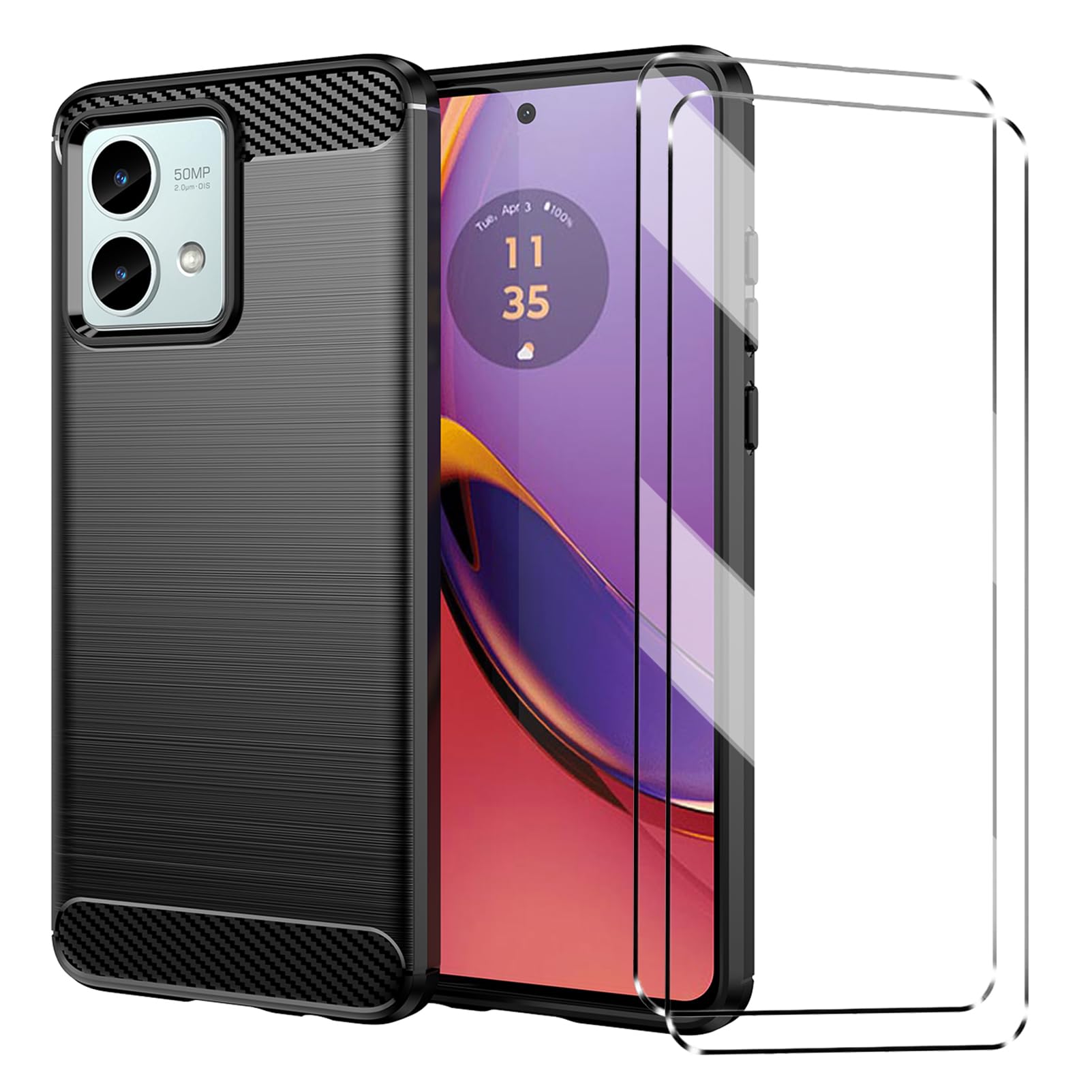 [3 in 1] Case Compatible with Motorola Moto G84 Cover with 2 Pack Tempered Glass Screen Protector for Motorola Moto G84, Slim Fit Soft TPU Shockproof Anti-Scratch Phone Case Cover - Black