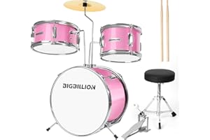 BIGBILLION Drum Set for Kids, 3-Piece 14'' Beginner Kids Drum Kit Junior Drum Set with Bass Tom Snare Drum with Adjustable Throne, Cymbal, Pedal, Drumsticks (Pink)