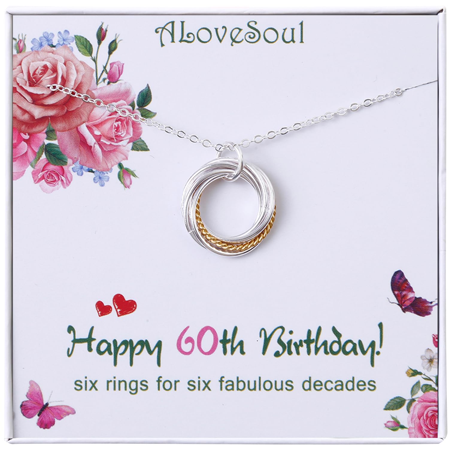 ALoveSoul 60th Birthday Gifts for Women - 925 Sterling Silver Six Circle intertwined Necklace for Her, 6 Decade Jewelry 60 Years Old 1959 Birthday Gifts