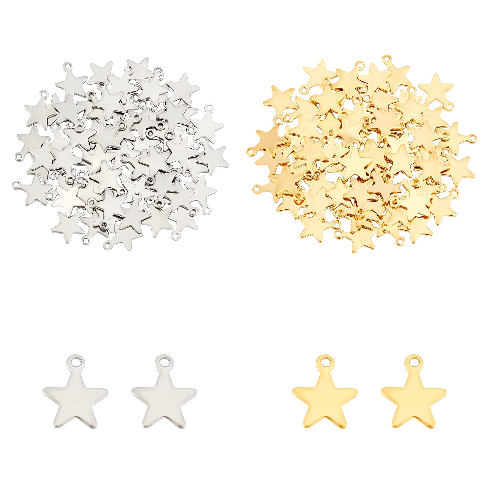 UNICRAFTALE 160pcs 2 Colors Star Pattern Charms Stainless Steel Pendants Hypoallergenic Golden & Stainless Steel Color Pentagram Charm Hole 1mm for Necklace bracelet Jewelry Making