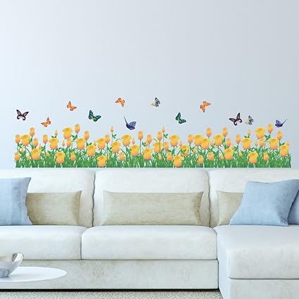 Amazon Brand - Solimo Wall Sticker for Home (Yellow tulip farm, ideal size on wall , 135 cm X 35 cm),Multicolour