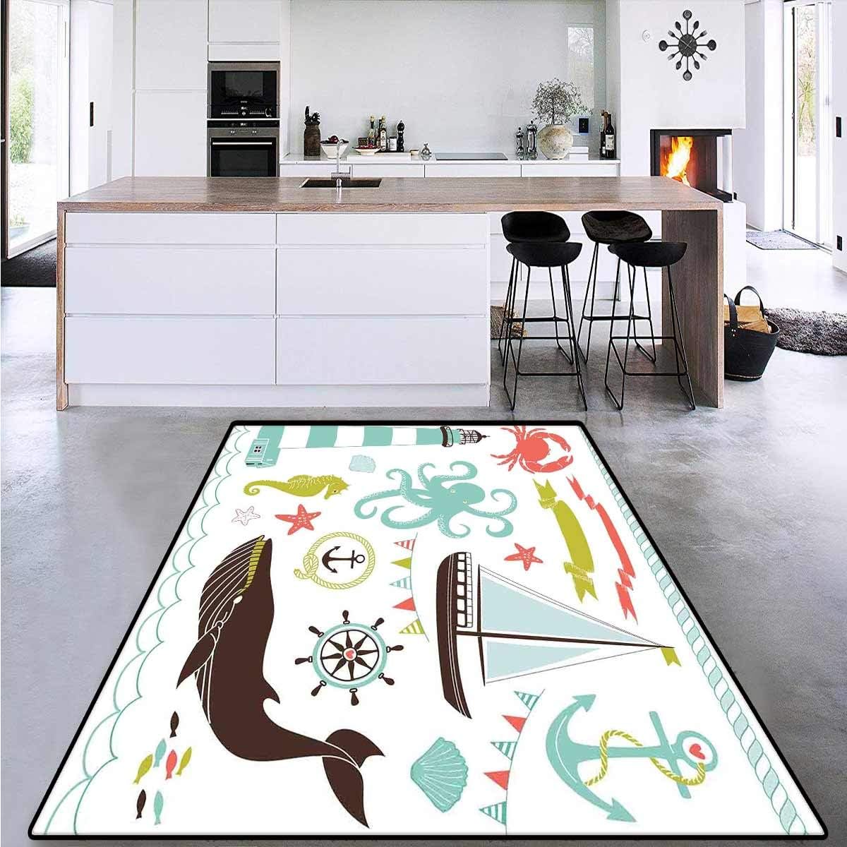 Nautical Decor, Bath Mats for Floors, Decorative Illustrations Nostalgia Cartoon Artwork Seaside House Knot Light, Area Rug Anti Slip 6' x 7'