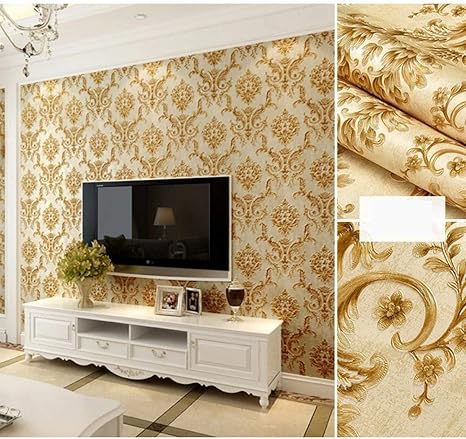 Amazon 壁紙 クロス 賃貸 ダマスク 送料無料 53cm 1m単位切売 のり付き シール 北欧 おしゃれ はがせる アイボリー ベージュ ブルー ブラウン ウォールステッカー リメイクシート 張り替え 壁紙