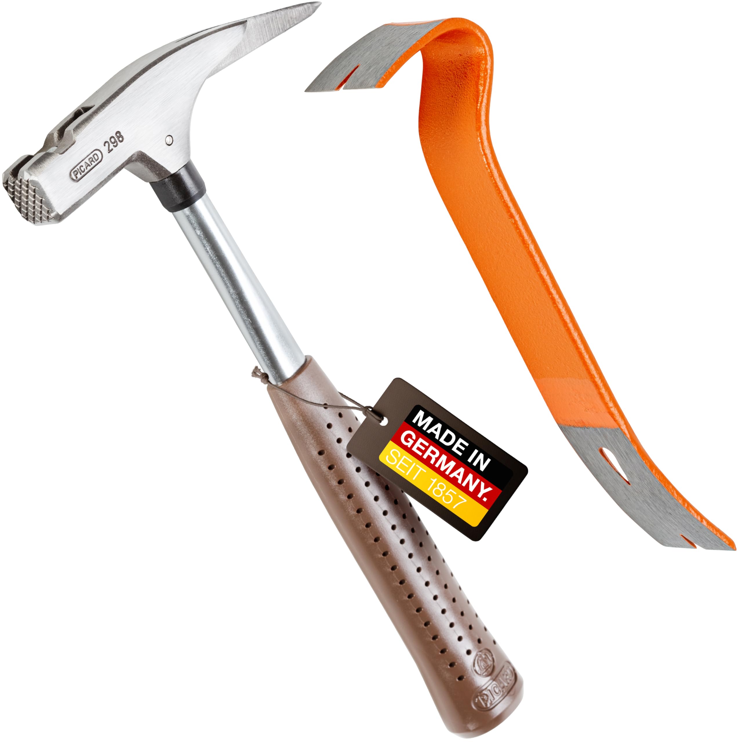 PICARD Latthammer Nr. 298 + Nageleisen | 600 g Kopfgewicht | Geraute Bahn | Magnetischer Nagelhalter | Korrosionsgeschützt | Chrom-Molybdän-Stahlrohrstiel | GS-geprüft | Länge 320 mm | Made in Germany
