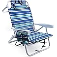 Yestomo Beach Chairs for Adults Heavy Duty, Compact Portable Lay Flat Folding Chair with Backpack Straps and Large Cooler Pouch, Support to 350LBS (Stripes_Blue&Cyan)