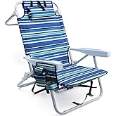 Yestomo Beach Chairs for Adults Heavy Duty, Compact Portable Lay Flat Folding Chair with Backpack Straps and Large Cooler Pouch, Support to 350LBS (Stripes_Blue&Cyan)