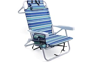 Yestomo Beach Chairs for Adults Heavy Duty, Compact Portable Lay Flat Folding Chair with Backpack Straps and Large Cooler Pouch, Support to 350LBS (Stripes_Blue&Cyan)