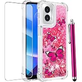 CAIYUNL for Moto G Play 2024 Case with Screen Protector, Pink Butterfly | Girls Women, Glitter Cute Bling Liquid Floating, Soft TPU Shockproof Corner Phone Case for Motorola Moto G Play 2024