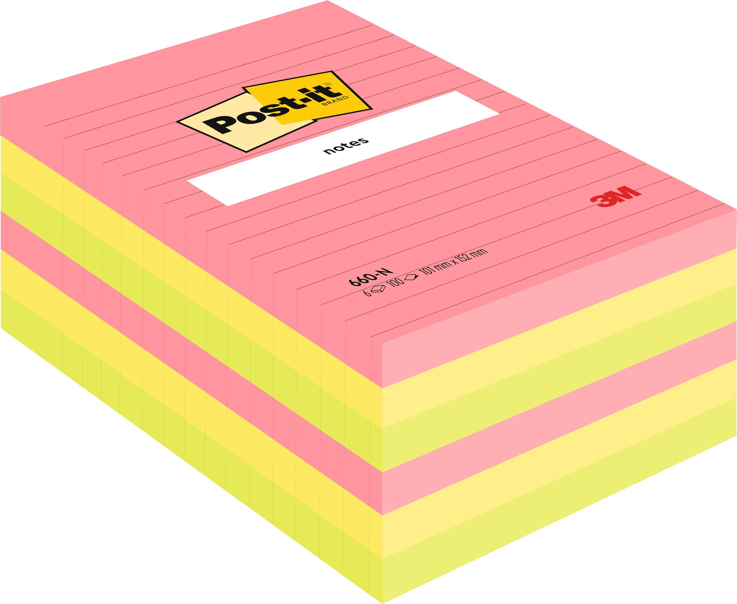 Post-it Large Notes, Assorted Neon Colours, Lined, 101 mm x 152 mm, 100 Sheets/Pad, 6 Pads - Self-Stick Notes for Note Taking, to Do Lists & Reminders
