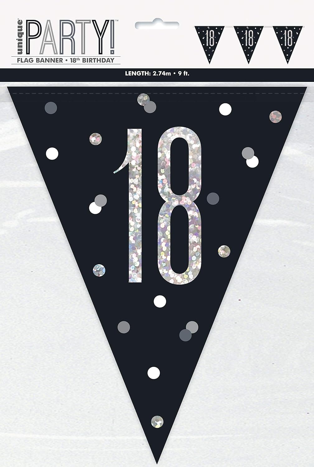 Unique Party 83424-9ft Glitz Black & Silver 18th Birthday Bunting Banner, Age 18