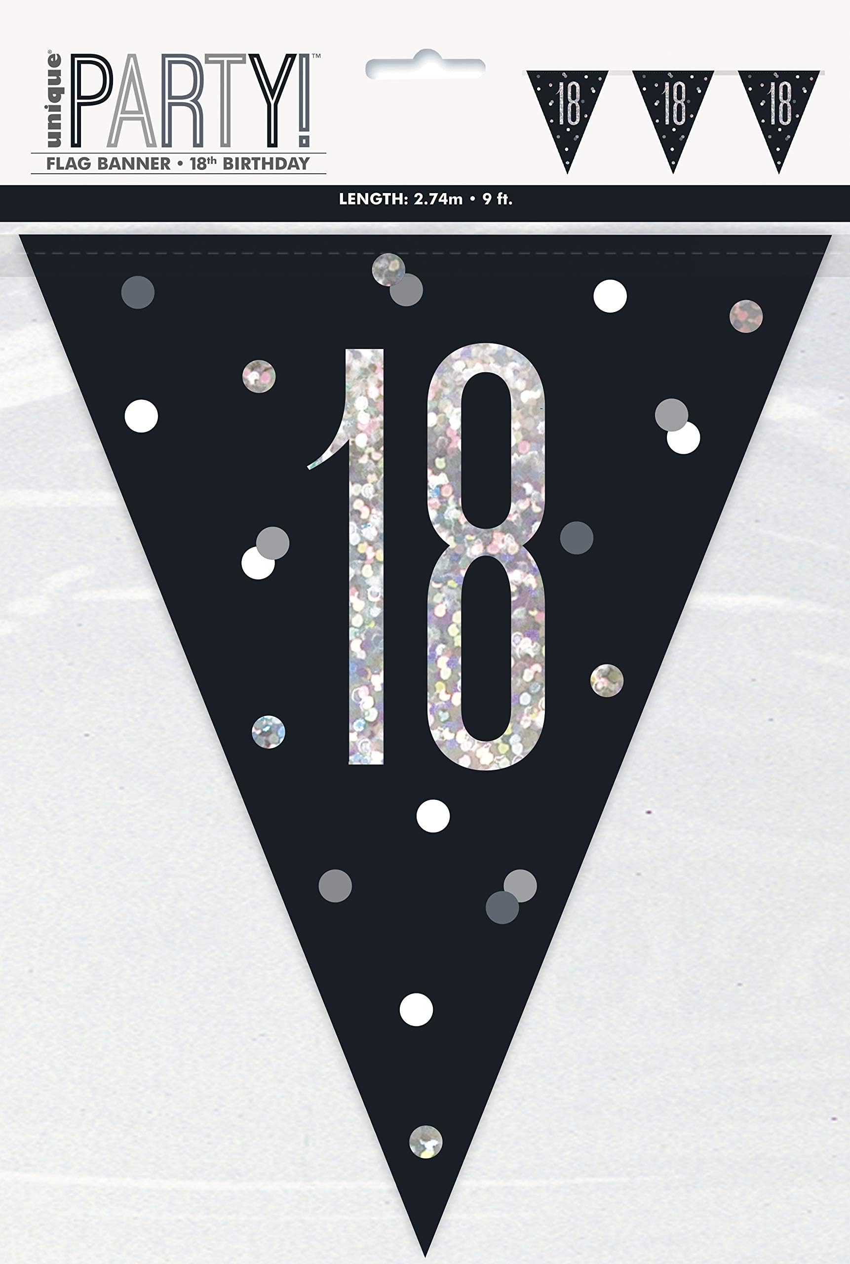 Unique 83424 Black Prismatic Polka Dots 18th Birthday Plastic Pennant Banner, 9 Ft 1 Pc, Age 18