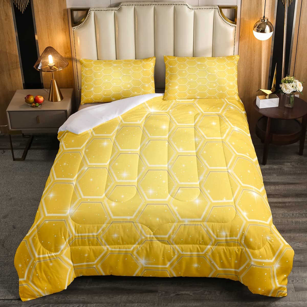Loussiesd Honeycomb Hexagonal Soft Beehive Geometrical Bedding Set For Kids Adults Yellow Simplistic Duvet Insert Warm Galaxy Double Size Quilt