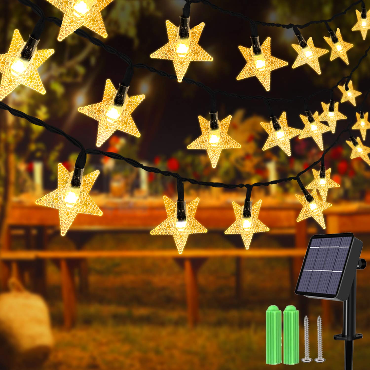 Solar String Lights,23ft 50 LED Solar Star String Lights Outdoor Solar Powered Star Fairy Lights Waterproof 8 Modes Decorative Light for Garden Patio Yard Home Wedding Party Festival, Warm White