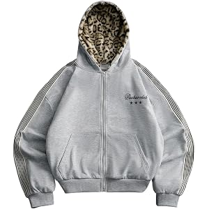 Questop Men's Zip Up Hoodie Leopard Print Y2k Striped Casual Sweatshirt | Oversized Long Sleeve Jacket Streetwear Fashion Top