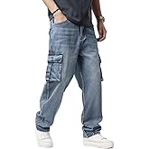Idopy Men`s Loose Fit Motorcycle Multi-Pockets Workwear Denim Cargo Jeans Plus Size