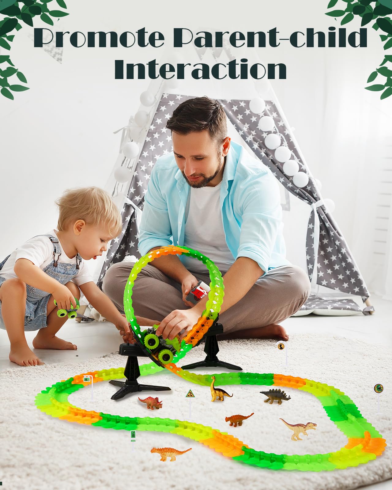 GleamKid 154PCS Rechargeable Car Track Toy Set, Glow Race Track, Flexible Car Tracks, Dinosaur Track Set Glow in The Dark, Race Train Track Toy for 3 4 5 6 7 8 Year Old Boys Gifts, 2*800mAh Batteries